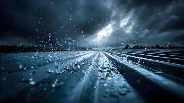 Dramatic weather photography shows rain pouring down on a corrugated metal roof with splashing droplets against a dark stormy sky.