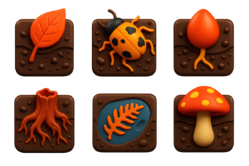 3D Organic Matter Icons. 3D icon set of buried organic matter: fallen leaf beneath surface, dead insect partially decomposed,