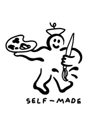 Happy self-made artist with palette and brush, ready to create.