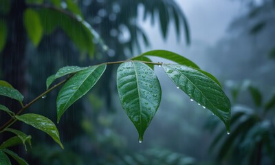 Close-up of rain-kissed leaves in a misty jungle