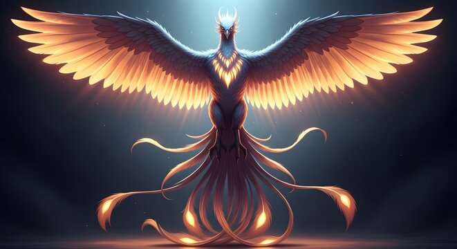Majestic mythical phoenix with glowing wings and fiery tail feathers