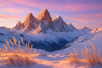 Majestic snow covered mountain peaks at sunrise with golden grass and pink purple sky landscape