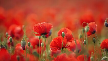 A vibrant field filled with red poppies captured with a shallow depth of field. The foreground flowers appear sharp and detailed, while the background gently blurs, creating a soft, dreamy atmosphere