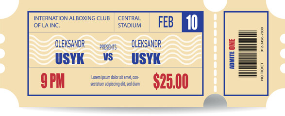 Retro Boxing Match Ticket Template. Vintage Boxing Fight Admit One Coupon . Antique Sport Event Ticket Design Vector