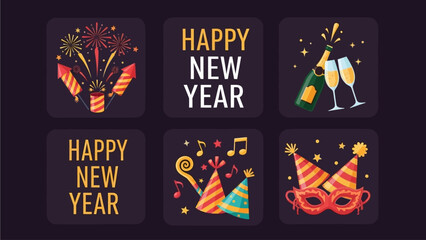 Fototapeta premium Happy New Year Celebration Cards and Party Elements Set