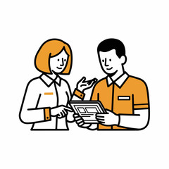 Minimal Businesswoman Giving Feedback to Coworker Over Shared Tablet Device &ndash; Line-Art Vector