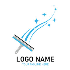 Cleaning services logo with a squeegee and sparkling starburst design elements