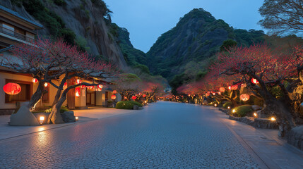 Peaceful dusk scene of illuminated plum trees lining a quiet pathway at the Atami Baien Ume Festival