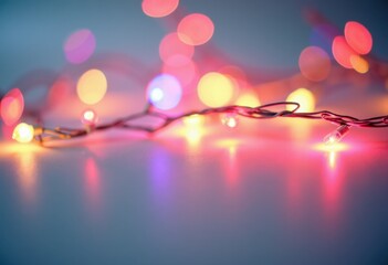 Blue bokeh background with Christmas garland of colorful LED lights, abstract festive poster template