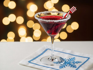 Festive red christmas cocktail in martini glass with sugar rim and candy cane stirrer on white napkin with snowflake, golden bokeh lights behind