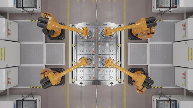 Timelapse of a fully automated EV production line with robotic arms assembling battery modules for the automotive industry. Modern autonomous car factory. Top view. Looping 3d animation render
