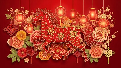 Vibrant chinese new year horse decoration with flowers and lanterns on red background