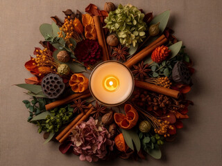 Top view of burning scented candle in center of wreath made of dried flowers, leaves, spices and potpourri on linen background