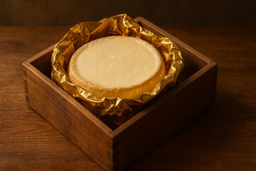 A smooth, light cheesecake wrapped in golden foil, carefully placed inside a dark wooden presentation box.