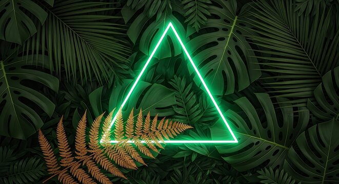 Lush tropical leaves with glowing green neon triangle and golden fern. - Powered by Adobe