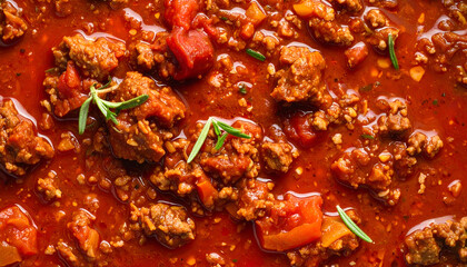 bolognese meat sauce rich chunky texture, warm tones, top-down cooking ingredient shot
