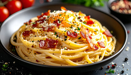 carbonara pasta with creamy egg sauce, crispy bacon pieces, pepper flakes, luscious and glossy appearance