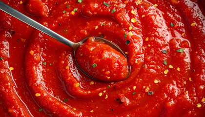 arrabiata spicy tomato sauce with chili flakes, glossy texture, overhead ingredient photo