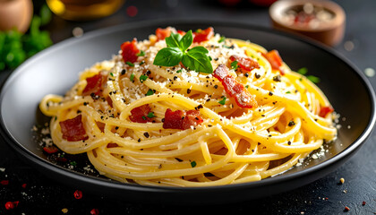 carbonara pasta with creamy egg sauce, crispy bacon pieces, pepper flakes, luscious and glossy appearance