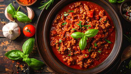 bolognese meat sauce rich chunky texture, warm tones, top-down cooking ingredient shot
