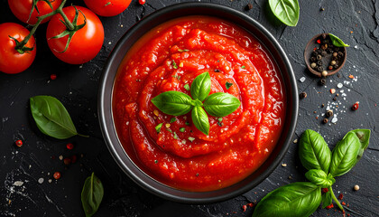 classic tomato pasta sauce in bowl, rich red color, smooth texture, overhead food photography

