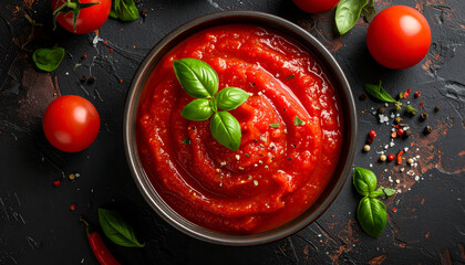 classic tomato pasta sauce in bowl, rich red color, smooth texture, overhead food photography
