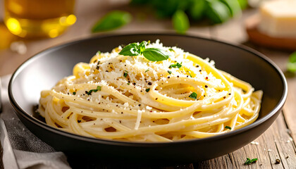 creamy alfredo pasta with parmesan shavings, silky sauce coating the noodles, soft glow, delicious plating