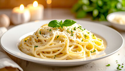 creamy alfredo pasta with parmesan shavings, silky sauce coating the noodles, soft glow, delicious plating