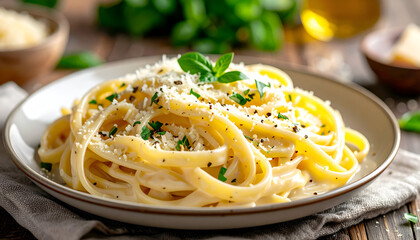 creamy alfredo pasta with parmesan shavings, silky sauce coating the noodles, soft glow, delicious plating