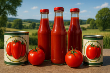 Two bottles of red tomato sauce and two cans of tomatoes displayed on a rustic wooden table in the countryside.