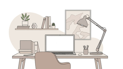 Minimalist Home Office Workspace with Laptop, Desk Lamp, and Cozy Decor