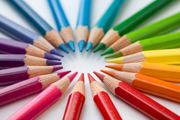 Naklejka premium A vibrant circle of sharpened colored pencils arranged in rainbow order with tips pointing inward on a white background.