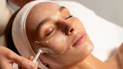 Young woman relaxes during professional facial treatment as cosmetologist applies mask highlighting skincare wellness spa beauty routine and selfcare lifestyle - Powered by Adobe