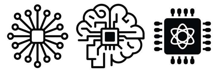 Digital brains circuits and atoms technology icons representing advanced innovation themes and future development ideas within a modern clean futuristic vector illustration style