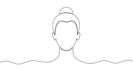 Female head with hair bun on head in continuous one line art style. Face sketch with editable black stroke on white background. Vector illustration.