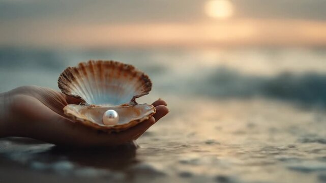 A serene hand holding an open seashell with a lustrous pearl, gently resting on the sandy shore at sunset, while soft waves lap in the background, evoking tranquility and beauty