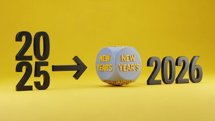 Conceptual 3D render illustrating the transition from 2025 to 2026 featuring a New Years dice perfect for future planning and calendar-related designs