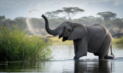 African elephant splashes water with trunk