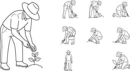 Gardening activity illustration, planting and watering actions, outdoor lifestyle concept, educational garden tools, flat vector illustration