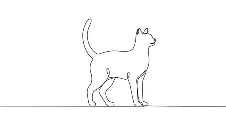 Continuous one line drawing of a cat standing in profile with its tail raised. Editable black stroke on a white background. Vector illustration.
