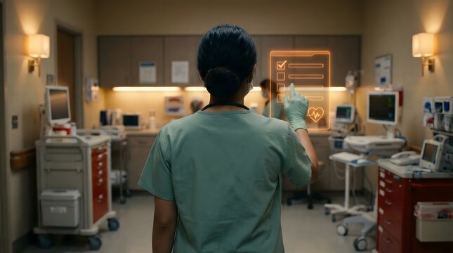 Doctor interacting with holographic medical interface in a modern, brightly lit hospital environment. - Powered by Adobe