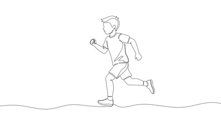 Continuous one line drawing of a small boy in motion running toward the viewer. Drawing of a child with editable black stroke on white background. Vector illustration.