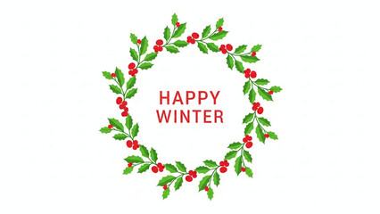 Festive holly wreath with red berries and green leaves featuring Happy Winter text a flat vector illustration isolated on white background