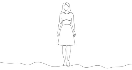 Woman in full height in a dress in one line art style. Woman drawing with editable black stroke on white background. Vector illustration.