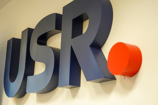 USR. logo of the USR party in Romania. photo taken in Bucharest on November 23, 2025.