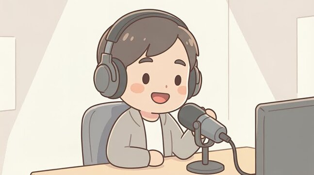 Animated male podcast host speaking into a microphone while wearing headphones, featuring a chibi character design in a minimalist studio with soft neutral tones