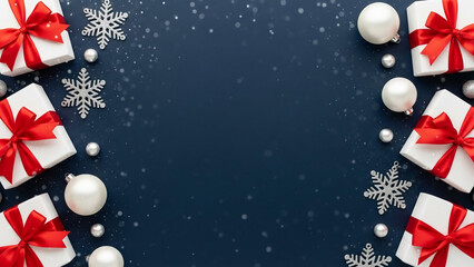 Elegant Christmas gifts silver snowflakes and white ornaments arranged on a dark blue background with copy space perfect for holiday greetings or winter promotions