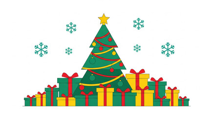 Festive Christmas tree with ornaments and a star surrounded by colorful gift boxes and falling snowflakes a flat vector illustration for holiday designs