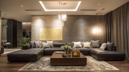 Modern minimalist living room design featuring large leather sectional sofa, elegant decor, and sophisticated lighting in a stylish contemporary space