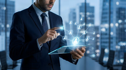 Corporate Leader Interacting with Human Resources Network on Transparent Digital Tablet